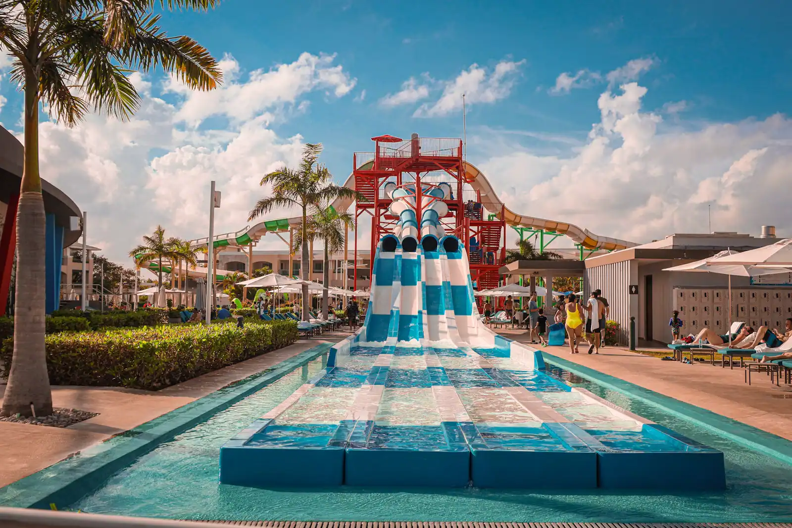 Water park slides rising above palms with a long run-out lane in the foreground